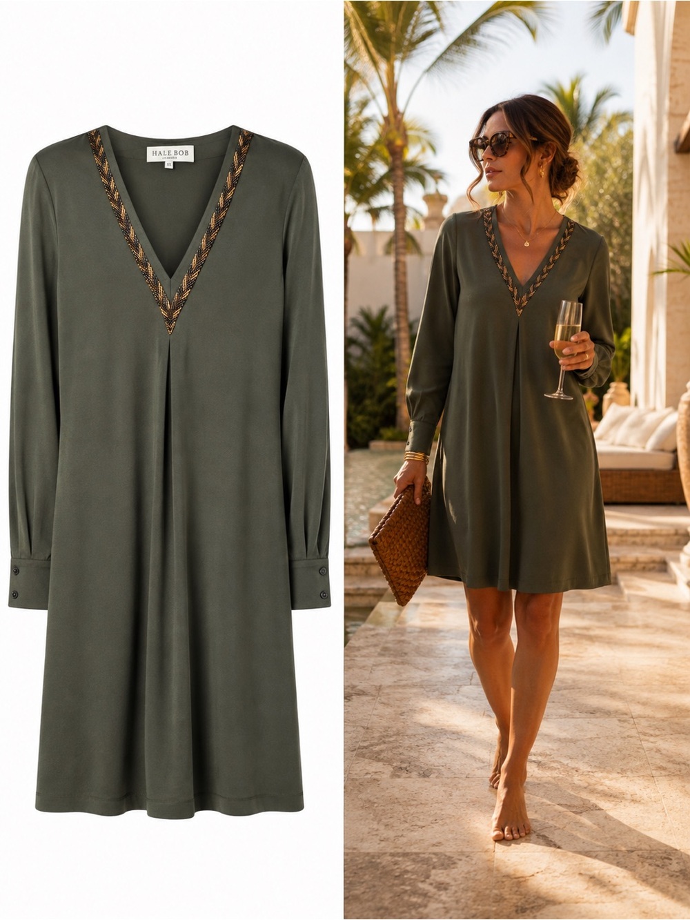 Hale Bob Olive Beaded V-Neck Shift Dress XS Long Sleeve Jersey Pockets Luxury